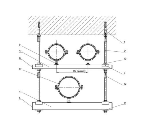 Крепления нескольких трубопроводов к перекрытию в Лиде